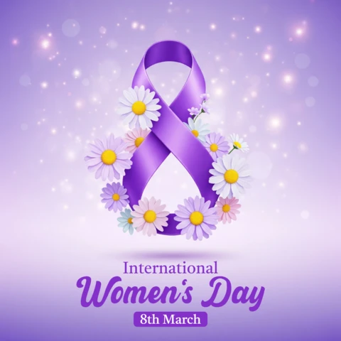 Happy International Women’s Day Poster Template with Ribbon Symbol, Flowers, and Decorative Purple Background