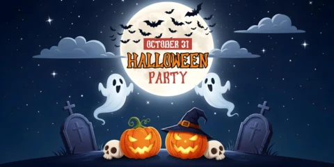 Frohes Halloween Mondschein Friedhofszene mit gruseligen Begleitern Facebook Cover Design Vorlage
