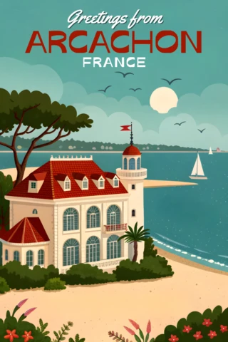 Vintage Arcachon France Postcard Design Template for Travel Marketing