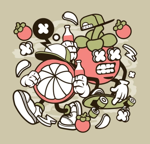 Mangosteen And Fruits Friends Cartoon Character T-shirt Design Template