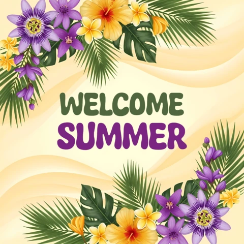 Welcome Summer Greeting Card Template with Tropical Flowers and Palm Leaves