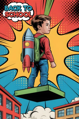 Back to School Rocket Backpack Student On Floating Platform with Comic Burst Poster Design Template