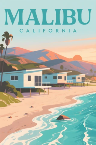 マリブカリフォルニアのヴィンテージデザインの印刷可能な旅行ポスターテンプレート