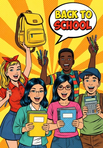 Grupo de estudantes voltando às aulas segurando materiais escolares com fundo de pôster em estilo de quadrinhos.