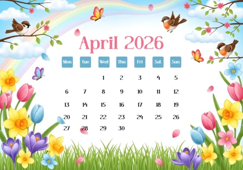 Pôster do calendário de abril de 2026 — arco-íris, nuvens, tulipas, narcisos, borboletas, pássaros e arte floral decorativa