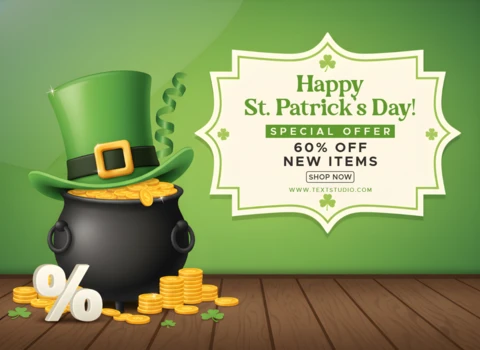 St. Patrick’s Day Celebration Poster Design Template with Shamrocks, Leprechaun Hat, and Special Offer Typography