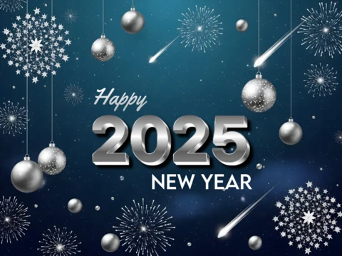 New Year Celebration Template with Silver Ornaments and Snowflakes Design for Festive Greeting Cards