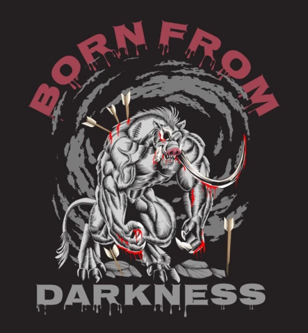 Ilustracja potwora Tuskmouth, narodzonego z mroku, z muskulaturą, z motywami fantasy horror, szablon projektu koszulki.