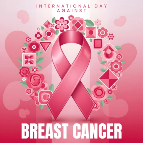 Dia Internacional de Combate ao Câncer de Mama, laço rosa com design de banner floral e coração.
