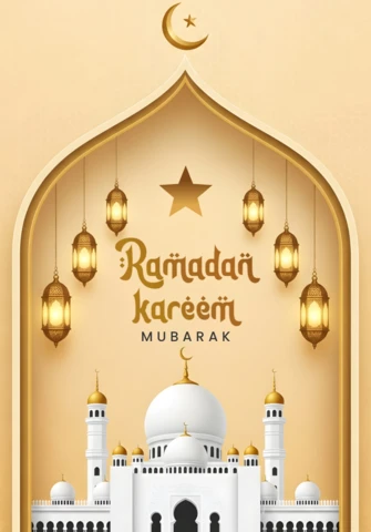 Szablon kartki z życzeniami na Ramadan kareem z lampionami i meczetem