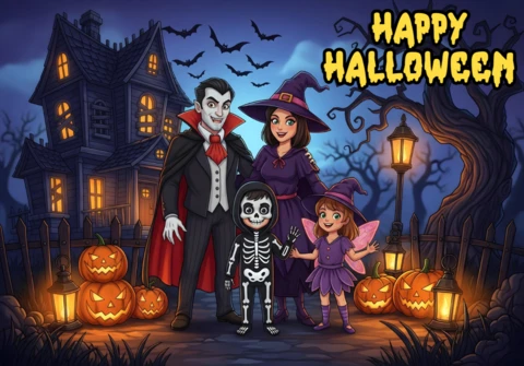Des bonbons ou des farces de dessins animés dans une forêt hantée avec des lanternes lumineuses, modèle de design de fête d'Halloween effrayante pour des flyers festifs.