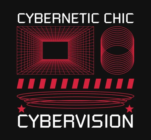 Plantilla de diseño de camiseta con túnel de alambre cibernético chic, cibervisión y símbolos futuristas.