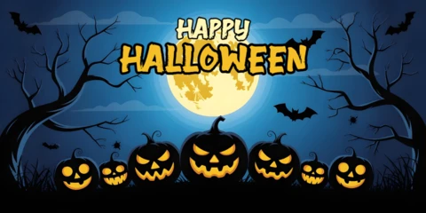 Plantilla de diseño de portada de Facebook con escena de calabazas brillantes, murciélagos y bosque encantado iluminada por la luna en Halloween.