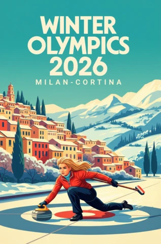 ミラノ・コルティナ冬季オリンピック2026のポスター、カーリング選手、雪山、ミラノ・コルティナ大会のアルプスの村