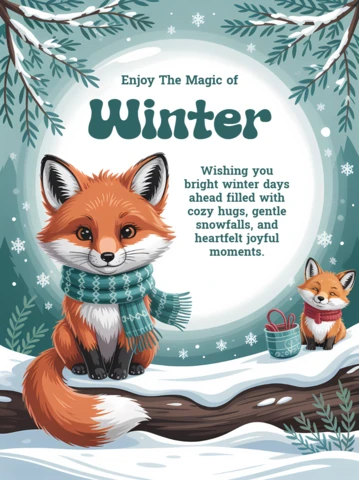 Template de design de raposa de inverno para cartões de saudação com ilustrações caprichosas