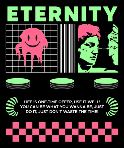 Modèle de design rétro pop art pour vêtements mettant en avant le thème de l'éternité et des graphiques ludiques.