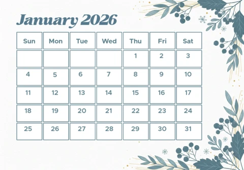 Minimalist Botanical Calendar for January 2026 Frosted Blue-Green Design