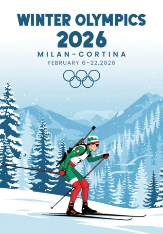 Постер зимних Олимпийских игр Милан-Кортине 2026 с биатлонистом и атмосферой снегопада
