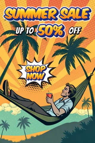 Modèle promotionnel de vente d'été au design rétro avec hamac et palmiers pour des flyers