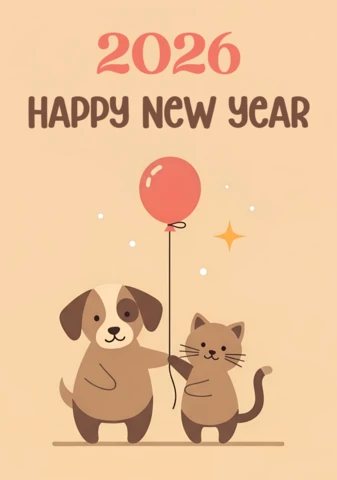 Happy New Year Design Template with Cute Dog and Cat Holding Balloon for Greeting Cards