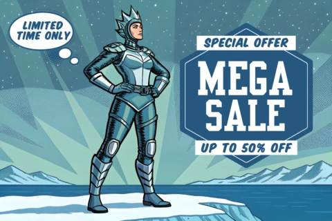 Design de mega venda de pop art para template de folhetos promocionais com personagem de super-heroína rainha do gelo.