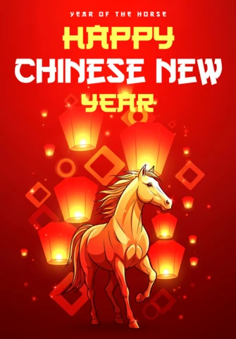 Sjabloon voor feestelijke posters met een ontwerp van het Chinese nieuwjaar van het paard