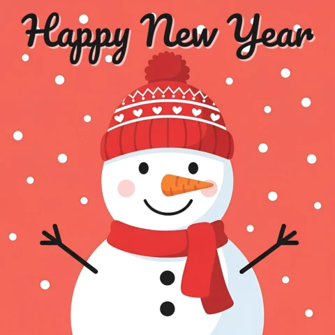 Feliz año nuevo, diseño de muñeco de nieve lindo para tarjetas de felicitación navideñas.