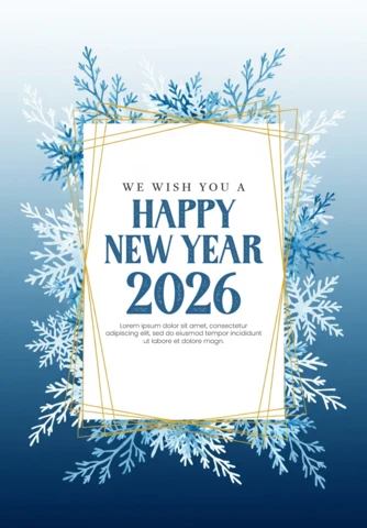 Watercolor Happy New Year 2026 Card Blue Snowflakes with Gold Geometric Frame and Winter Gradient