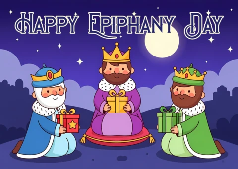 Glückliches Epiphanias-Tag-Designvorlage mit Königen und Geschenken für Grußkarten
