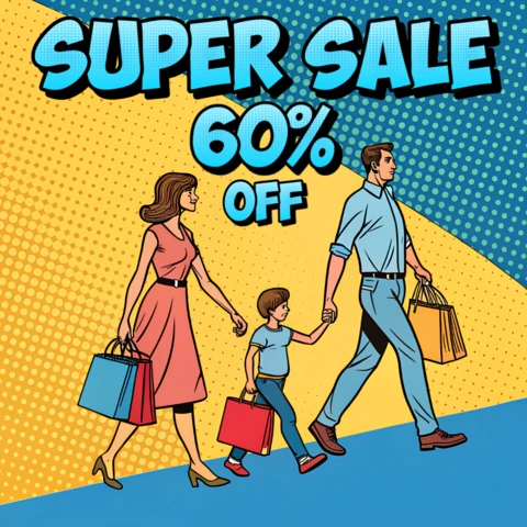 Modelo de venda de pop art para panfletos promocionais com cena de compras em família