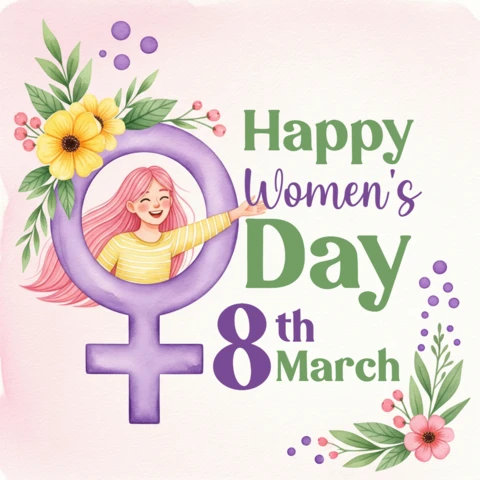 Plakatvorlage zum Internationalen Frauentag mit Venus-Symbol, Blüten und dekorativem Pastell-Hintergrund