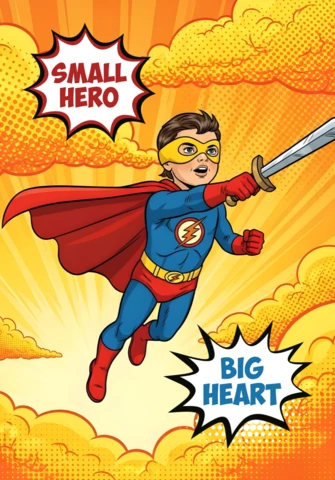 Pequeño héroe, gran corazón, superhéroe volador con espada y diseño de póster de emblema de rayos.
