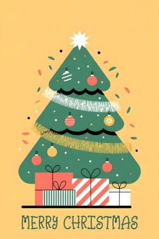 Weihnachtsgrußkarte mit dekoriertem Baum, Ornamenten und verpackten Geschenken auf warmem gelben Hintergrund