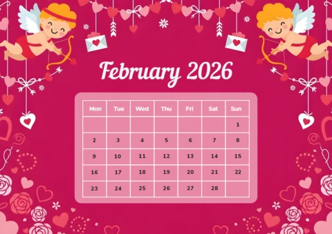 2026年用のかわいいキューピッドデザインのバレンタインデーカレンダーテンプレート