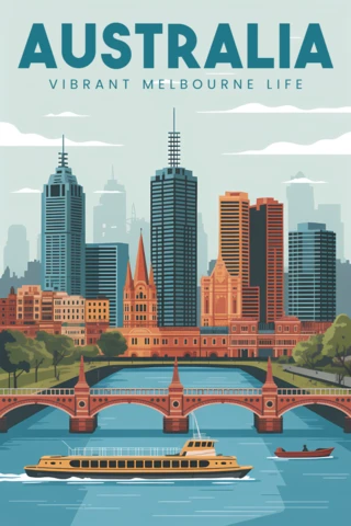 Plantilla de diseño del paisaje urbano de Melbourne para carteles de viaje