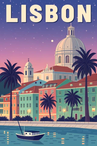 Lisbon Vintage Style Poster Design Template with Colorful Cityscape and Palm Trees