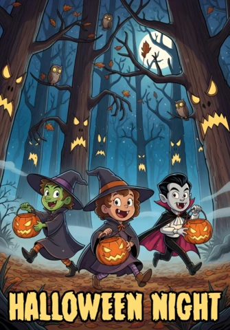 Scène de forêt d'Halloween effrayante avec une sorcière, un vampire et des arbres citrouilles-lanternes lumineux, modèle de design pour des flyers festifs