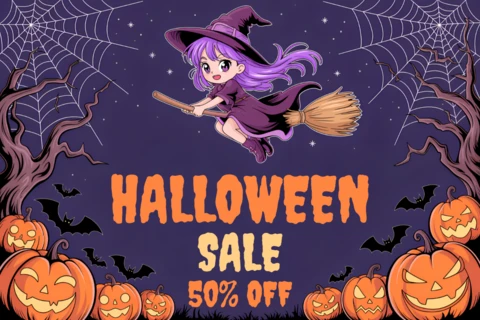 Modèle de vente d'Halloween fantaisiste avec une sorcière et des citrouilles pour des flyers promotionnels