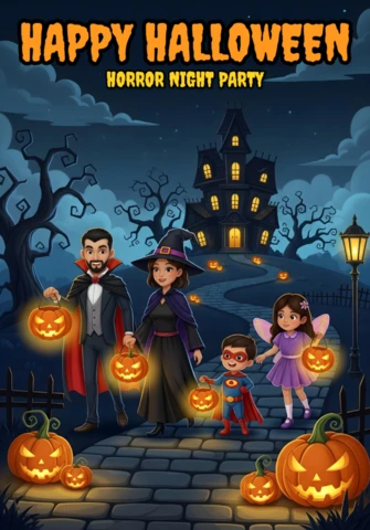 Famille de dessins animés en costumes avec des citrouilles lumineuses et un manoir gothique, modèle de design pour flyers de fête d'Halloween.