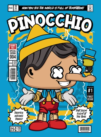 Plantilla de diseño de portada de revista con el personaje de dibujos animados Pinocho