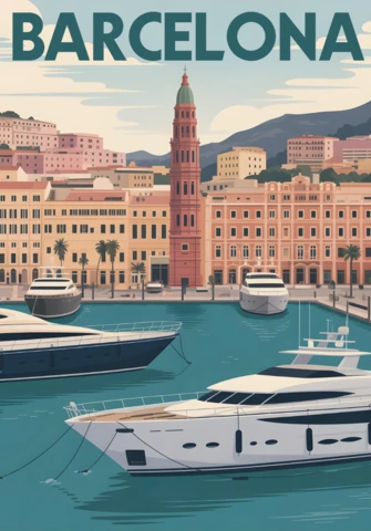 Harbor View with Mediterranean Facades and Turquoise Reflections Barcelona Travel Posters Design Template