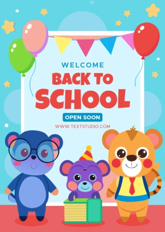 Colorful Back to School Design Template with Cute Animal Characters for Kids Party Invitations