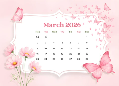 Mart 2026 baskı yapılabilir takvim posteri, dekoratif çiçek çerçevesi ve yumuşak pembe arka plan ile.