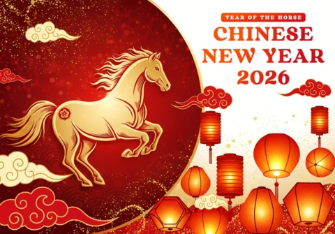 Plantilla de diseño de caballo para tarjetas de felicitación festivas del año nuevo chino 2026