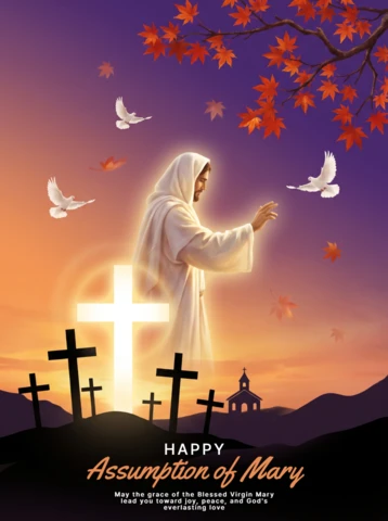 Feast of Assumption Marian Poster Virgin Mary Ascending White Robe Glowing Cross Sacred Artwork Sunset Church