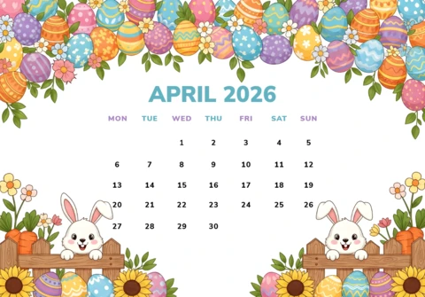April 2026 Calendar Poster Cheerful Border with Rabbits, Eggs, Flowers, Garland, and Decorative Theme