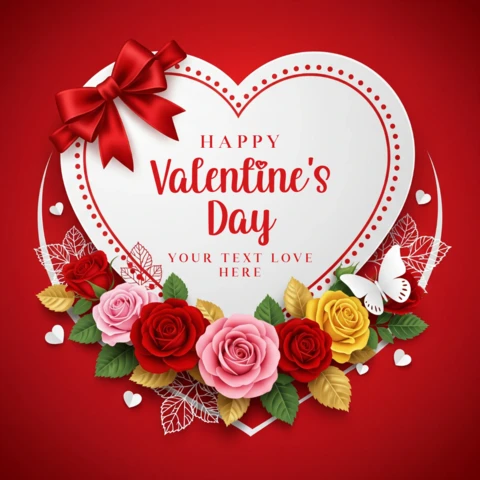 Tarjeta de felicitación de San Valentín que celebra el amor con rosas rojas, rosas y amarillas y un centro decorativo en forma de corazón.