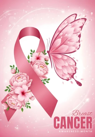 Butterfly & Peony Breast Cancer Awareness Pink Ribbon for October Poster Design Template