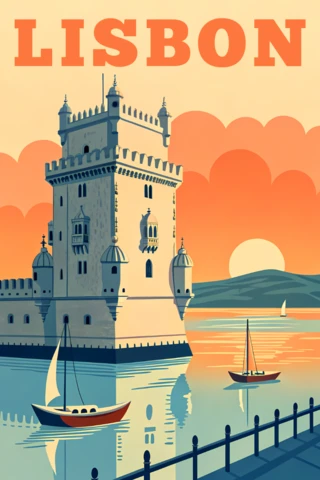 Lisbon Vintage Poster Design Template with Tower and Sailing Boats