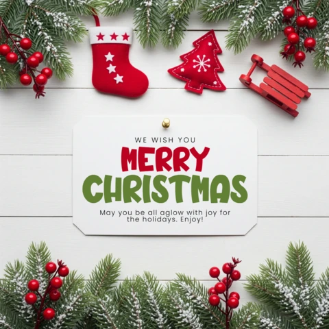 Weihnachtskarten-Design dekorative Girlande mit Kiefernzweigen und hängendem Dekor, um die Botschaft von frohen Weihnachten und Glück zu umgeben, Vorlage.